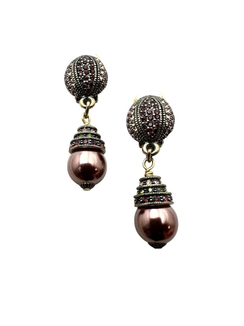Heidi Daus Earrings Purple Crystal Pearl Bronze Clip Chandelier 2 Inch